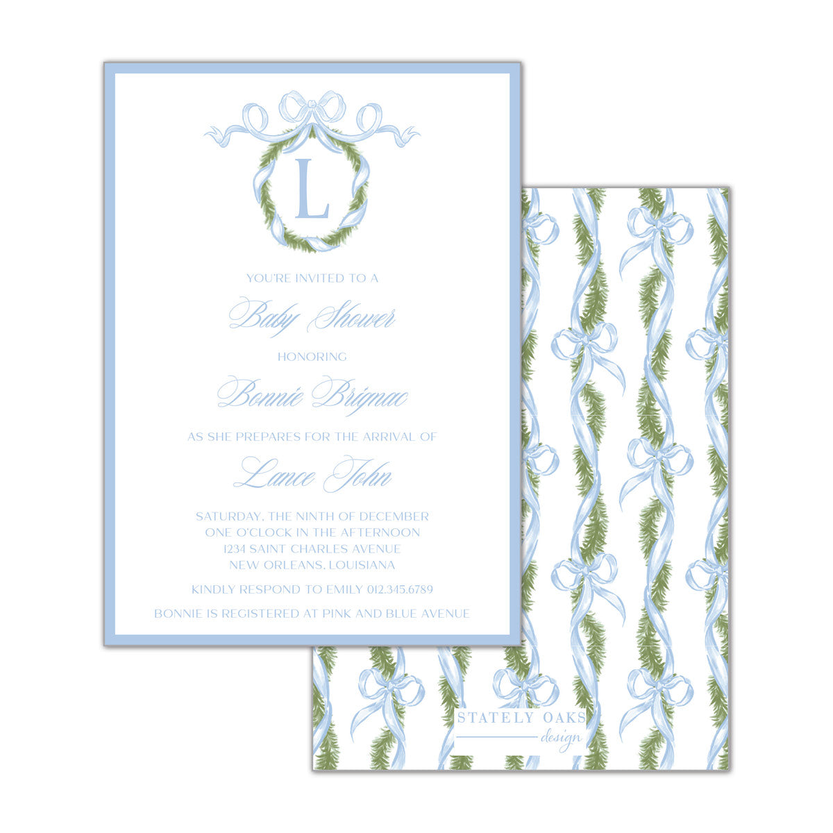 Blue Bow Wreath Invitation