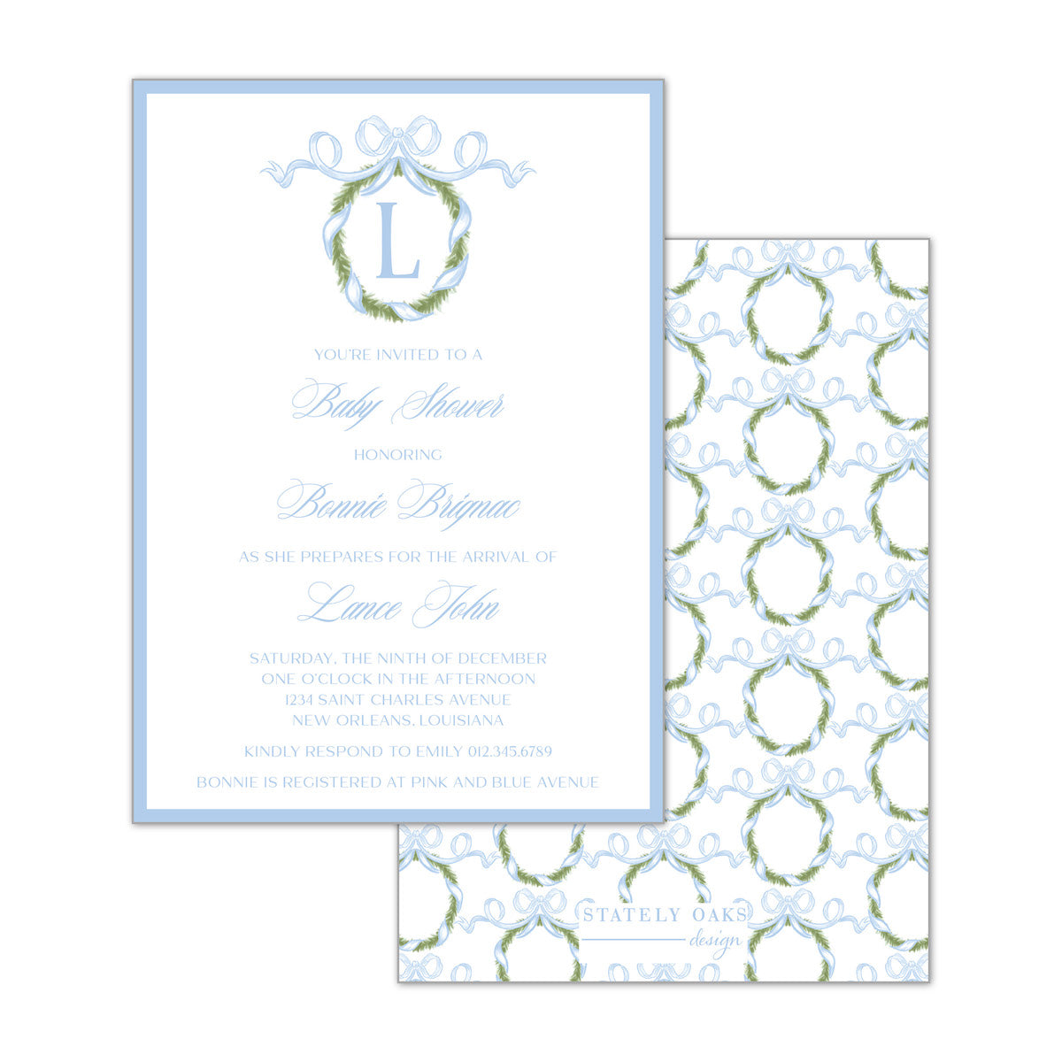 Blue Bow Wreath Invitation