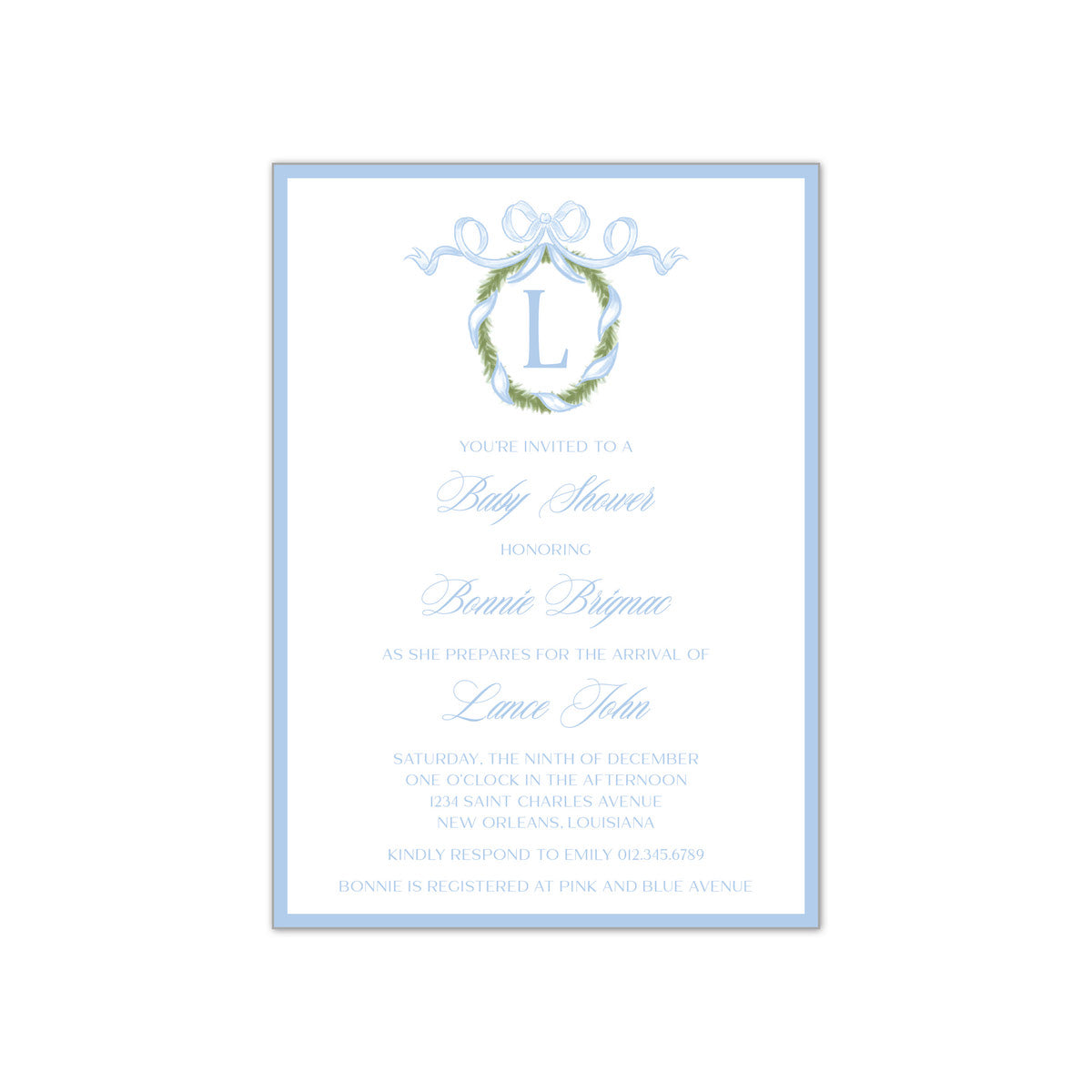 Blue Bow Wreath Invitation