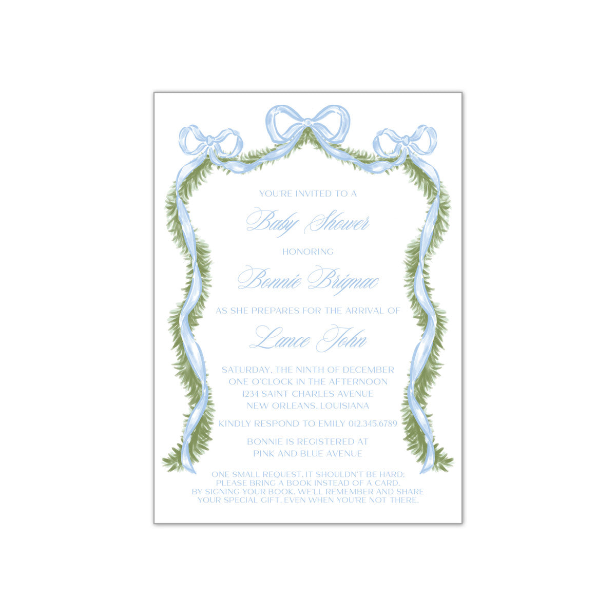 Blue Bow Garland Invitation