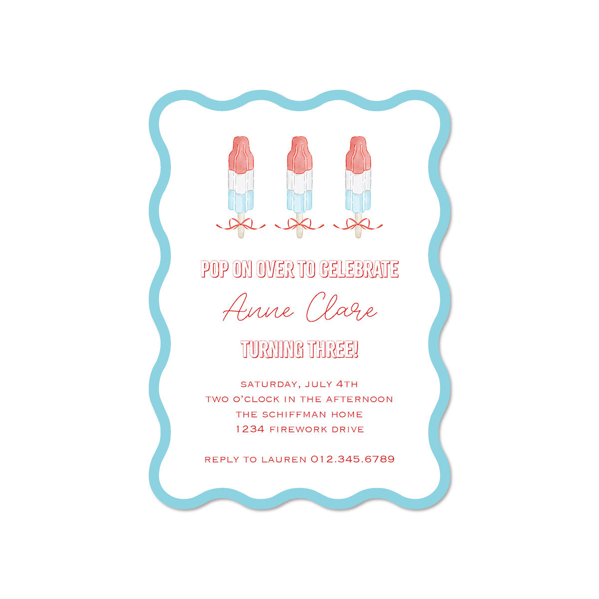 Pop on Over - Red, White, Blue Bow Invitation