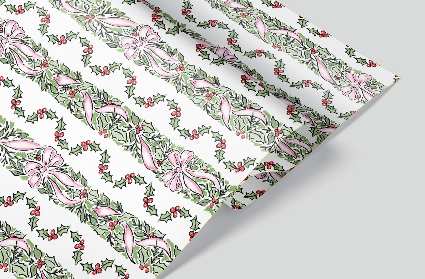 Pink Ribbon Holly Wrapping Paper Pre-Order